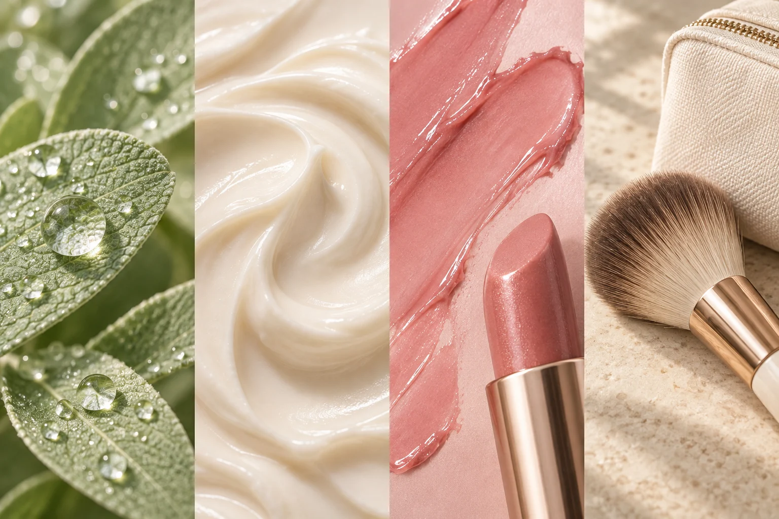 Botanical leaves, cream texture, lip colour and beauty tools